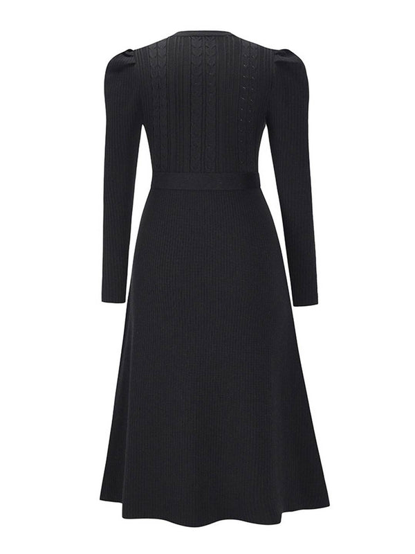 Cocolii robe pull femme en maille trapèze ceinture col rond manches bouffantes manches longues doux élégant d'hiver