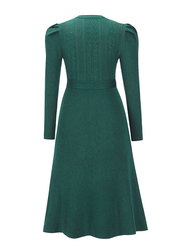 Cocolii robe pull femme en maille trapèze ceinture col rond manches bouffantes manches longues doux élégant d'hiver
