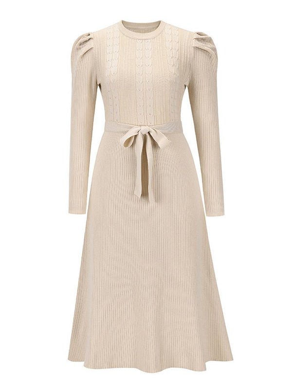 Cocolii robe pull femme en maille trapèze ceinture col rond manches bouffantes manches longues doux élégant d'hiver