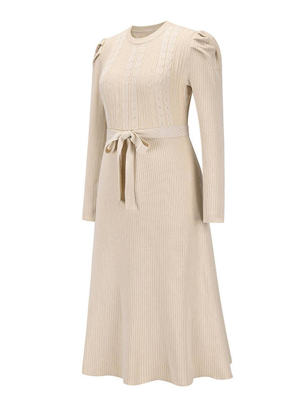Cocolii robe pull femme en maille trapèze ceinture col rond manches bouffantes manches longues doux élégant d'hiver
