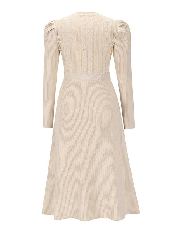 Cocolii robe pull femme en maille trapèze ceinture col rond manches bouffantes manches longues doux élégant d'hiver