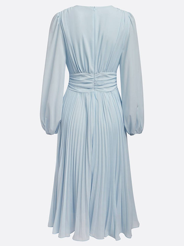 Cocolii mi-longue robe en mousseline plissée v-cou manches longues élégant décontracté de soirée robe bal de promo cérémonie