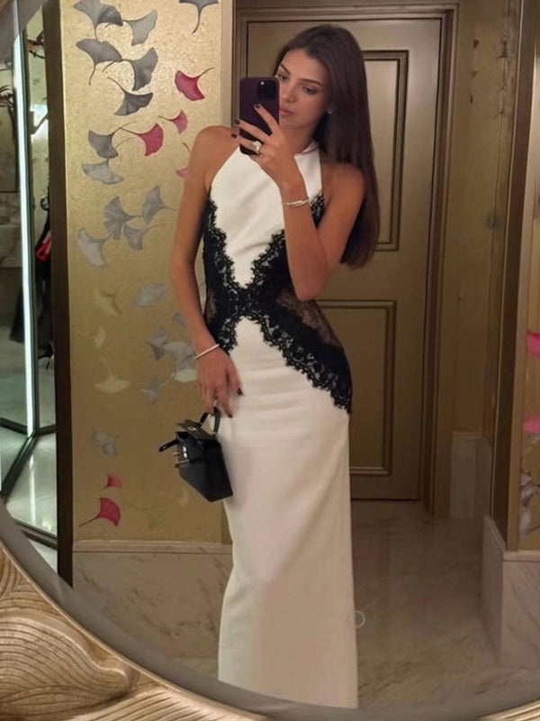 Cocolii robe de soirée longue femme bicolore moulante dentelle fendu dos nu licou sans manches élégant invité mariage cérémonie