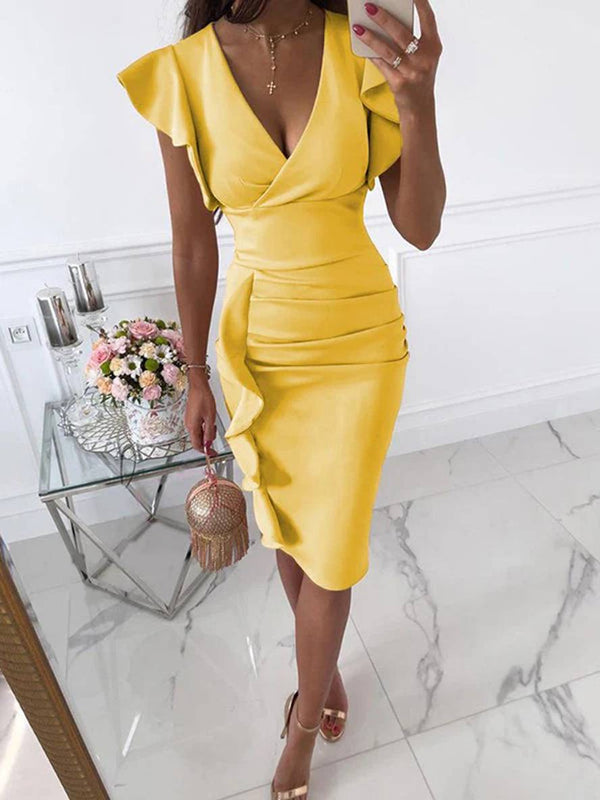 Cocolii mi-longue robe moulante v-cou à volantée femme élégant mode de cocktail
