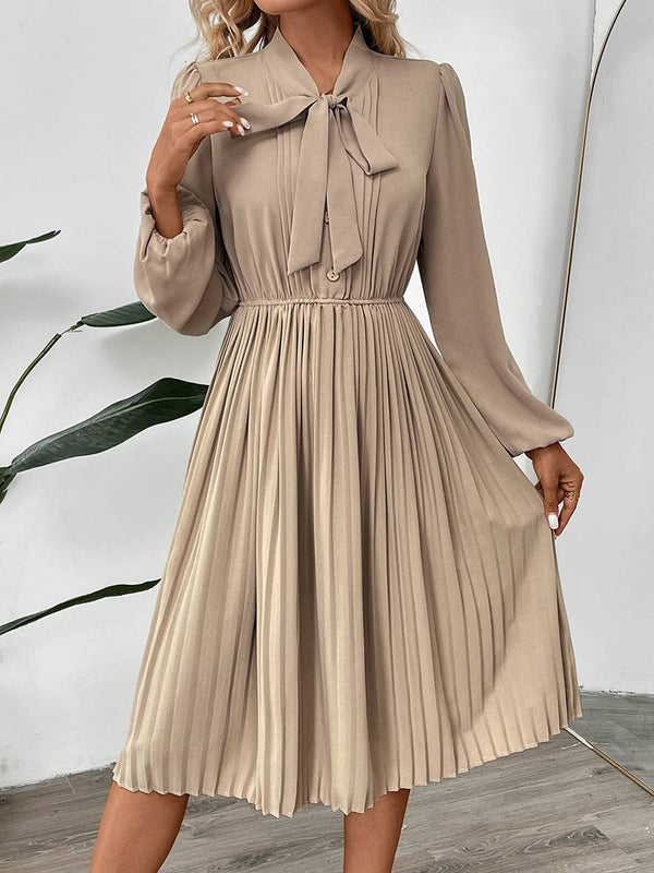 Cocolii mi-longue robe plissé noeud papillon boutonnage col lavallière manches longues femme élégant casual bal de promo