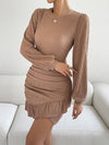 Cocolii robe courte moulante à volantée col rond femme élégant décontracté casual bal de promo