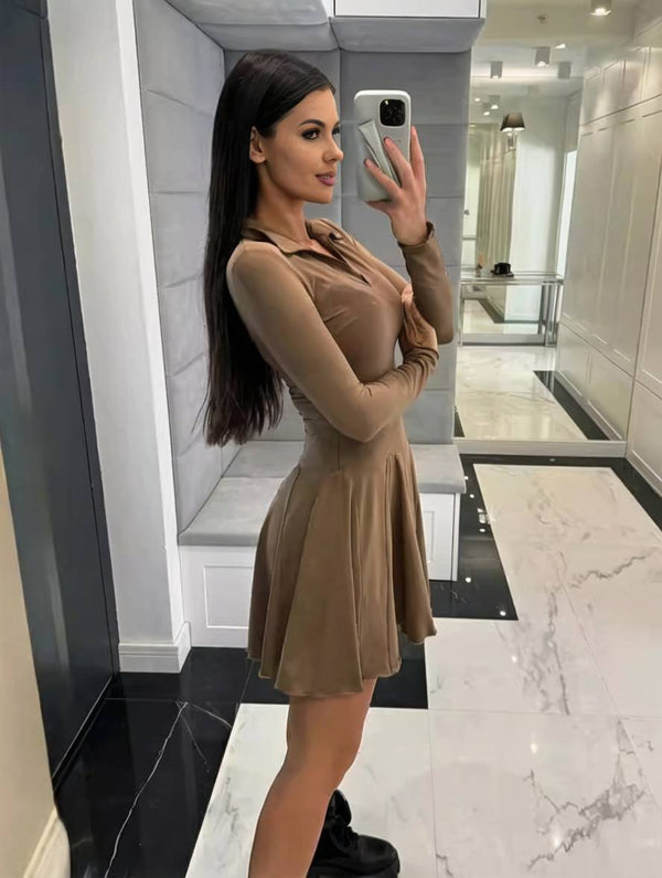 Cocolii robe courte moulante à volantée polo manches longues femme élégant mode
