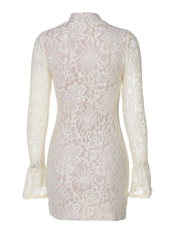 Cocolii robe courte dentelle découpes moulante col mao manches évasées manches longues femme élégant de cocktail