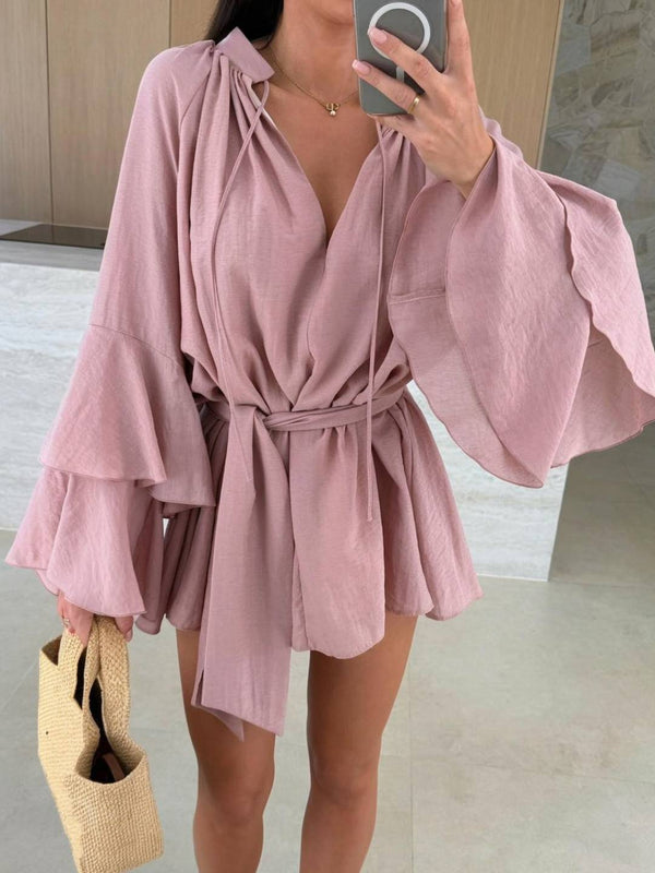 Cocolii mini robe v-cou ceinture irrégulière manches trompette manches longues femme casual bohème décontracté de plage