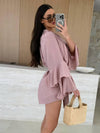 Cocolii mini robe v-cou ceinture irrégulière manches trompette manches longues femme casual bohème décontracté de plage