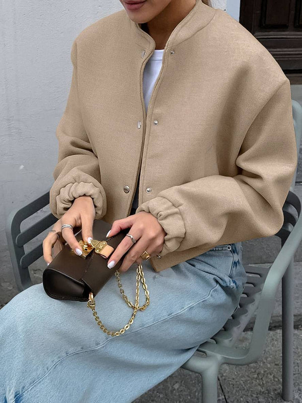 Cocolii court veste unicolore boutonnage poches col montant manches longues femme élégant décontracté manetau