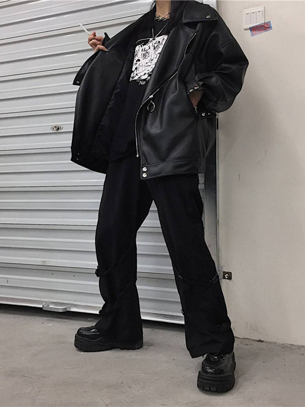 Cocolii perfecto vestes en simili cuir poches col revers femme oversized vintage décontracté style motard
