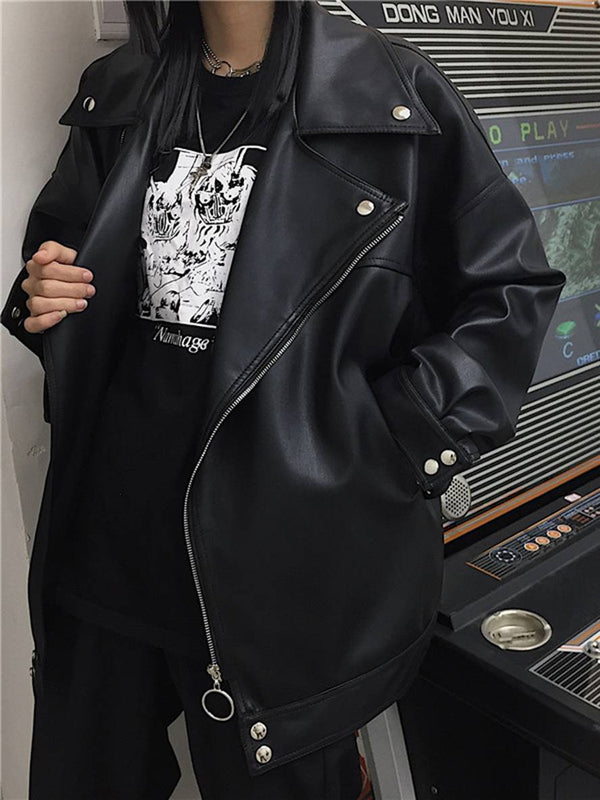 Cocolii perfecto vestes en simili cuir poches col revers femme oversized vintage décontracté style motard
