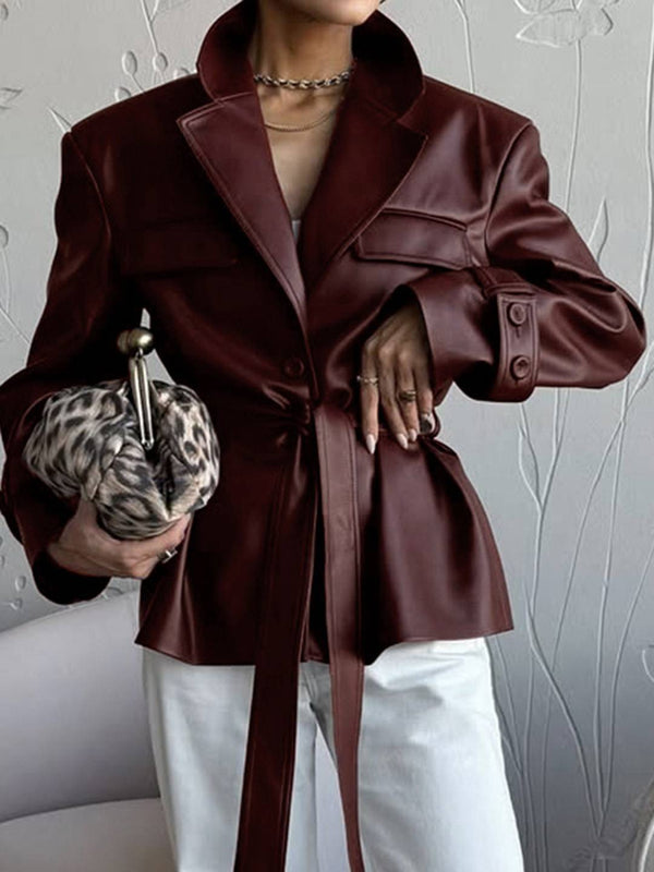 Cocolii veste blazer femme en simili cuir boutons ceinture col revers vintage style boyfriend décontracté blouson