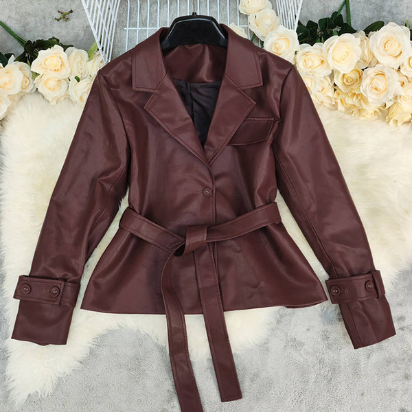 Cocolii veste blazer femme en simili cuir boutons ceinture col revers vintage style boyfriend décontracté blouson