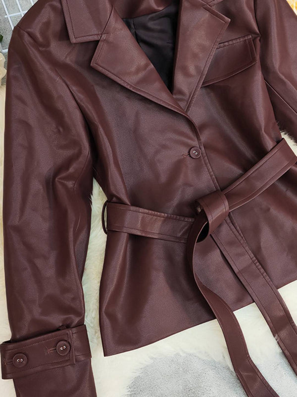 Cocolii veste blazer femme en simili cuir boutons ceinture col revers vintage style boyfriend décontracté blouson