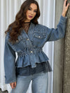 Cocolii court veste en jean femme à perles et rivets dentelle peplum v-cou manches longues style boyfriend décontracté blouson