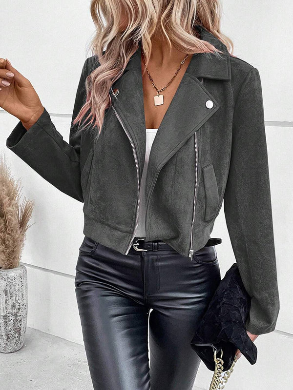 Cocolii court perfecto femme en suedine fermeture éclair poches col revers décontracté veste daim blouson