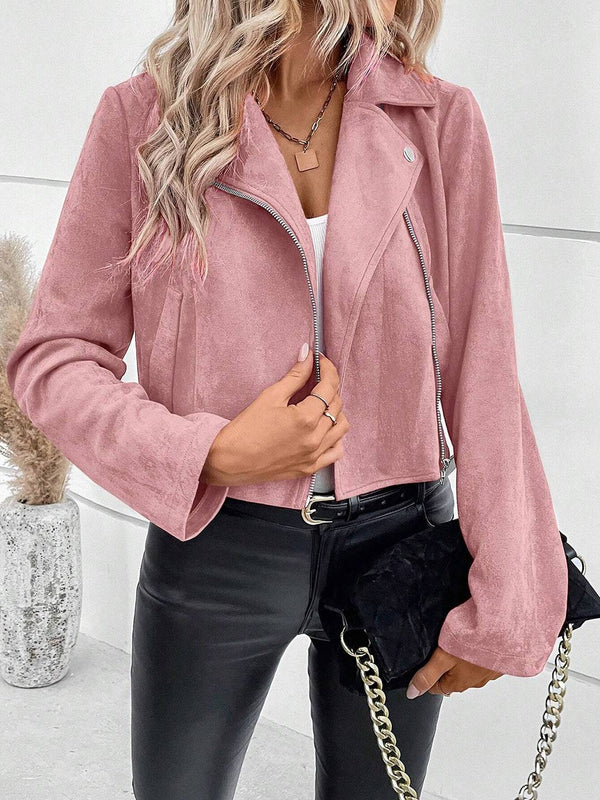 Cocolii court perfecto femme en suedine fermeture éclair poches col revers décontracté veste daim blouson