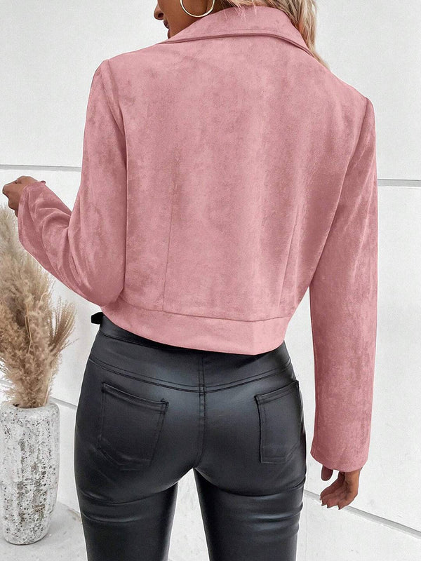 Cocolii court perfecto femme en suedine fermeture éclair poches col revers décontracté veste daim blouson