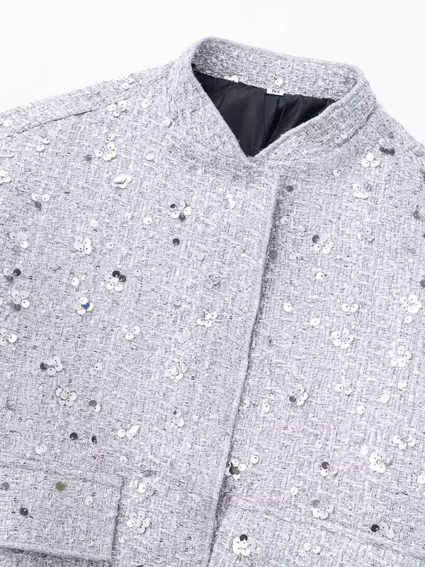 Cocolii bombers veste femme brillante paillette poches col montant manches longues femme vintage décontracté manteau
