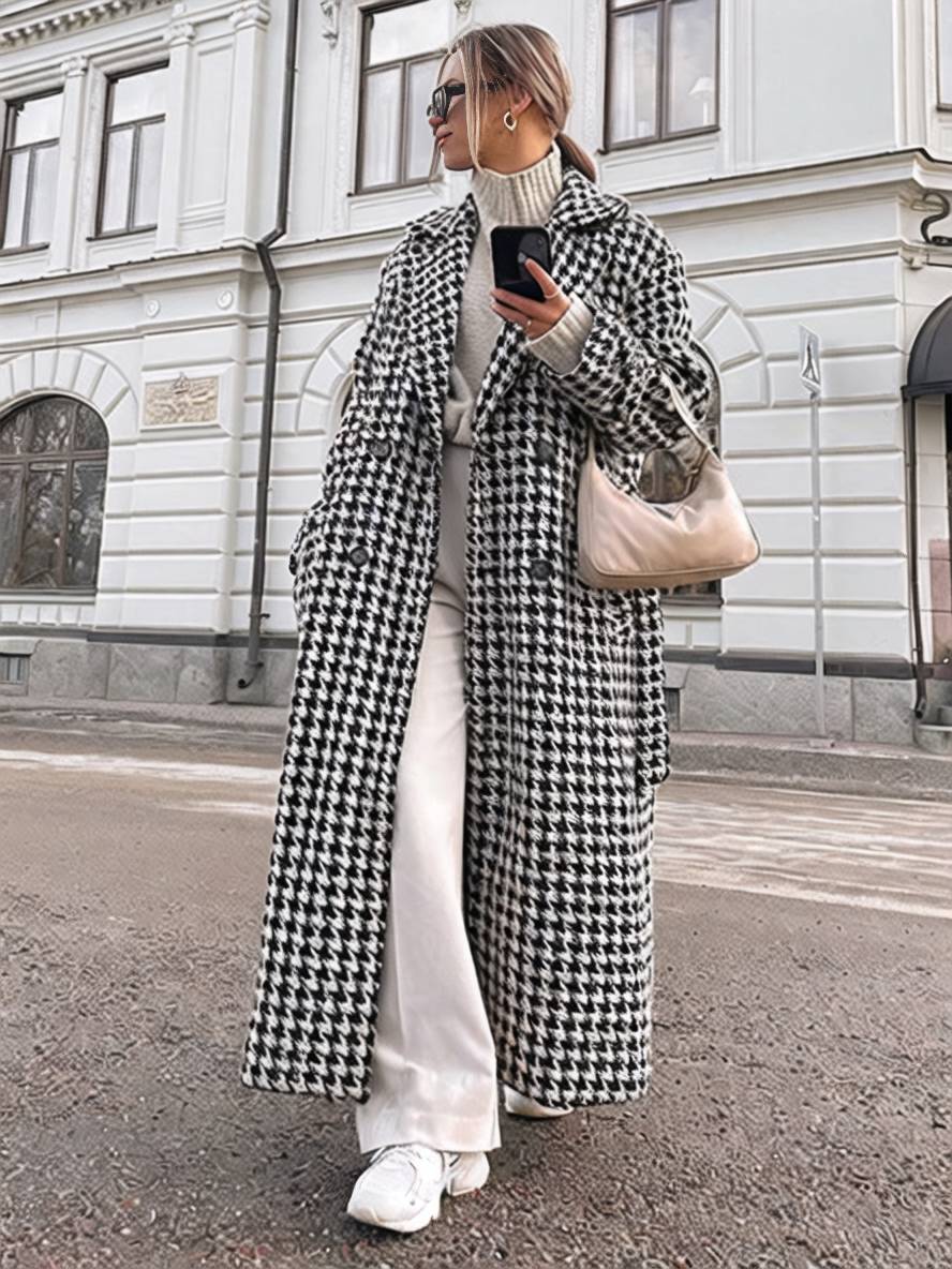 Cocolii manteau en laine long cheville femme pied de poule double