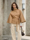 Cocolii court poncho manteau en laine col montant avec ceinture manches cape femme élégant décontracté ample veste