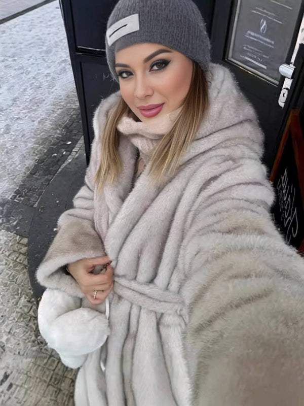 Cocolii longue manteau en fausse fourrure ceinture poches femme élégant décontracté oversized hiver veste