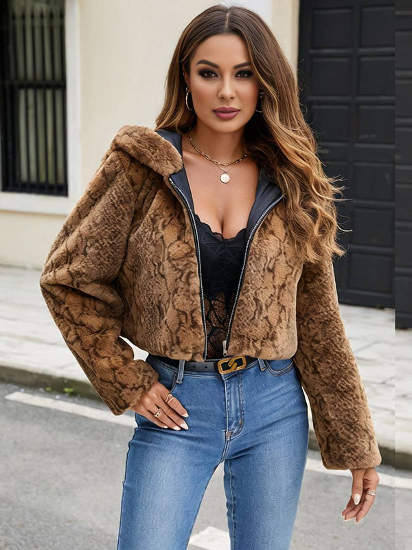 Cocolii court manteau en fausse fourrure léopard à capuche poches manches longues femme décontracté casual hiver veste