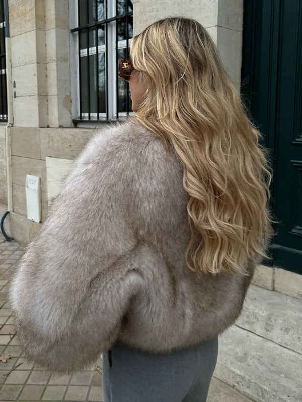 Cocolii court manteau en fausse fourrure unicolore col rond manches longues femme élégant décontracté veste