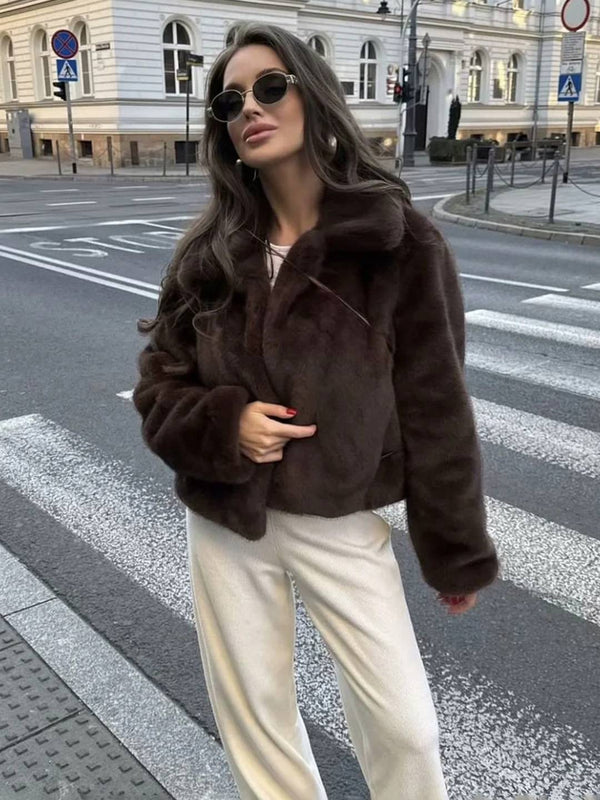 Cocolii court veste en fausse fourrure femme blouson hiver chic et chaud à col revers manteau élégant décontracté