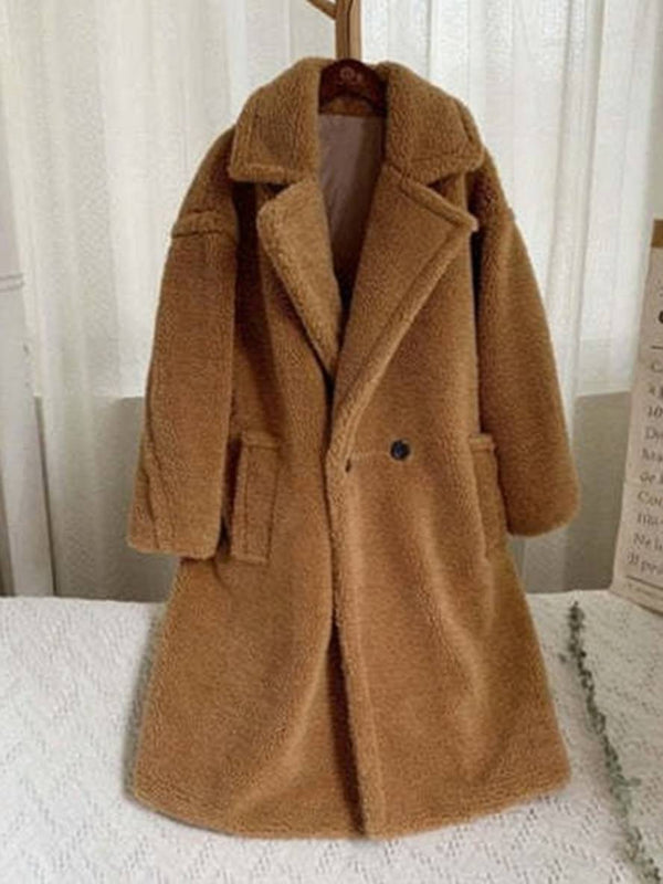 Cocolii longue manteau teddy coat boutons poches col revers femme mode ample oversized hiver veste