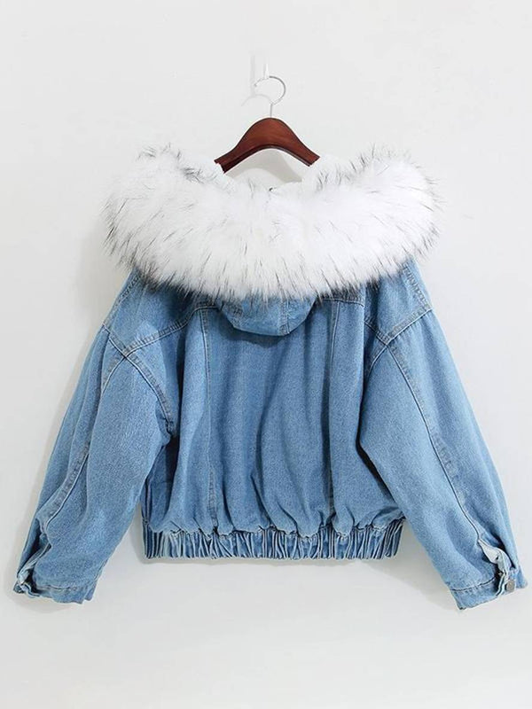Cocolii vestes en jean belly fausse fourrure doublé polaire capuche chic femme manteau bleu