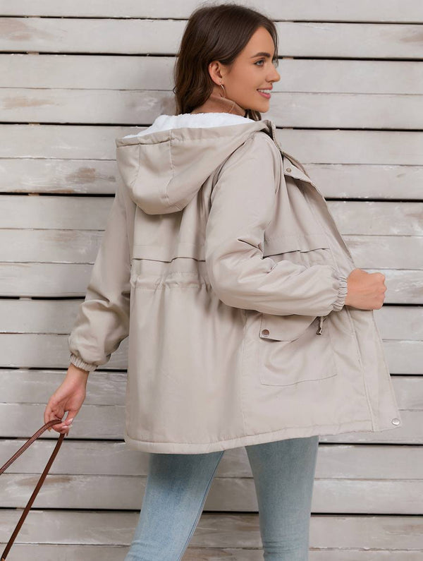 Cocolii mi-longue parka unicolore à capuche boutons poches fermeture éclair femme élégant décontracté manteau