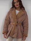 Cocolii mi-longue manteau matelassé femme hiver doudoune chaude ceinturée avec col et poignets en fausse fourrure sherpa