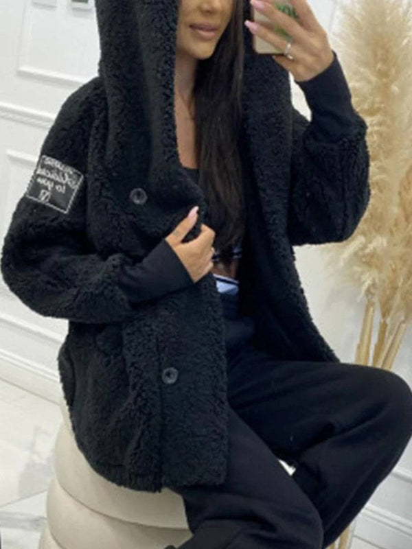 Cocolii mi-longue manteau à capuche avec polaire boutonnage poches manches longues femme élégant décontracté ample veste