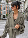 Cocolii trench court femme veste en suedine ceinture col revers manches longues élégant décontracté vintage mi-saison