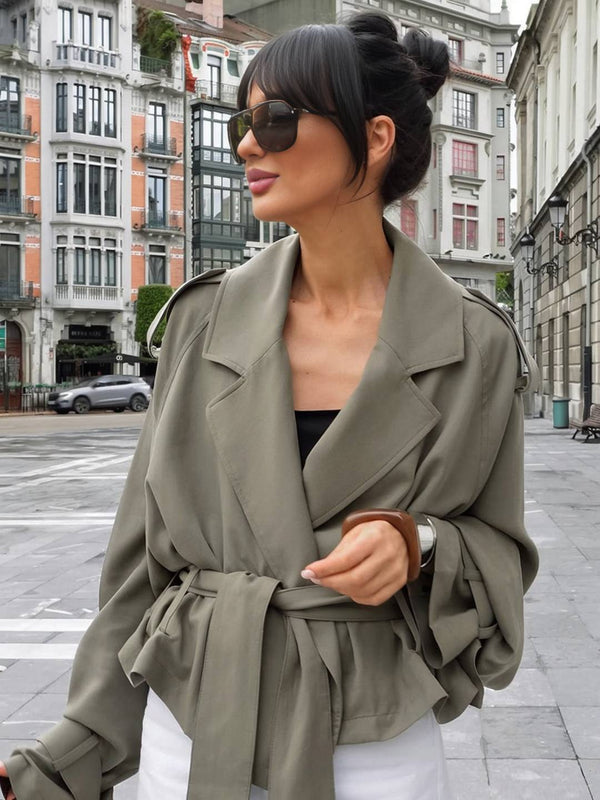 Cocolii trench court femme veste en suedine ceinture col revers manches longues élégant décontracté vintage mi-saison