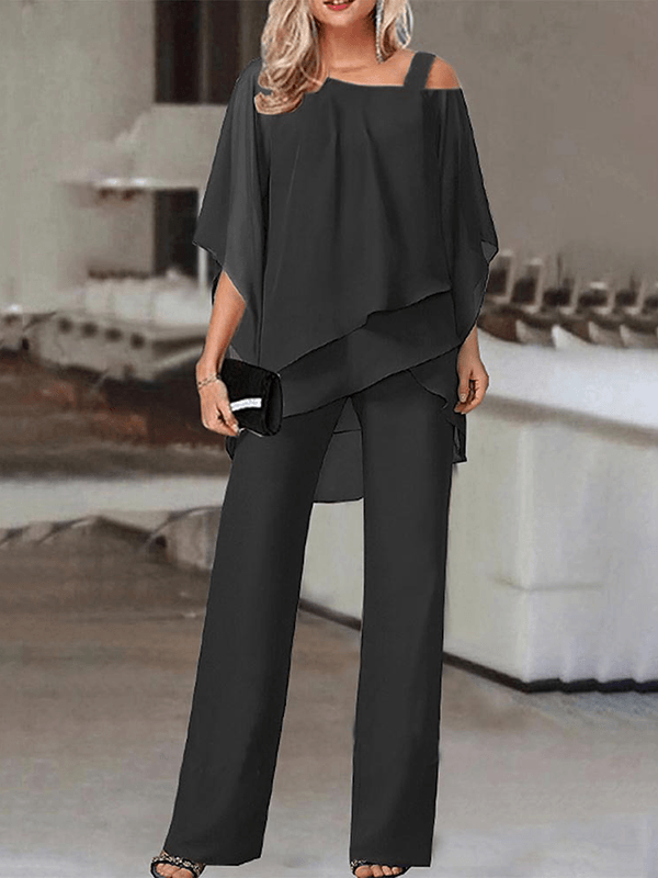 Cocolii combinaisons deux pièces une épaule mousseline manches chauve souris hauts irrégulière droit pantalon femme décontracté