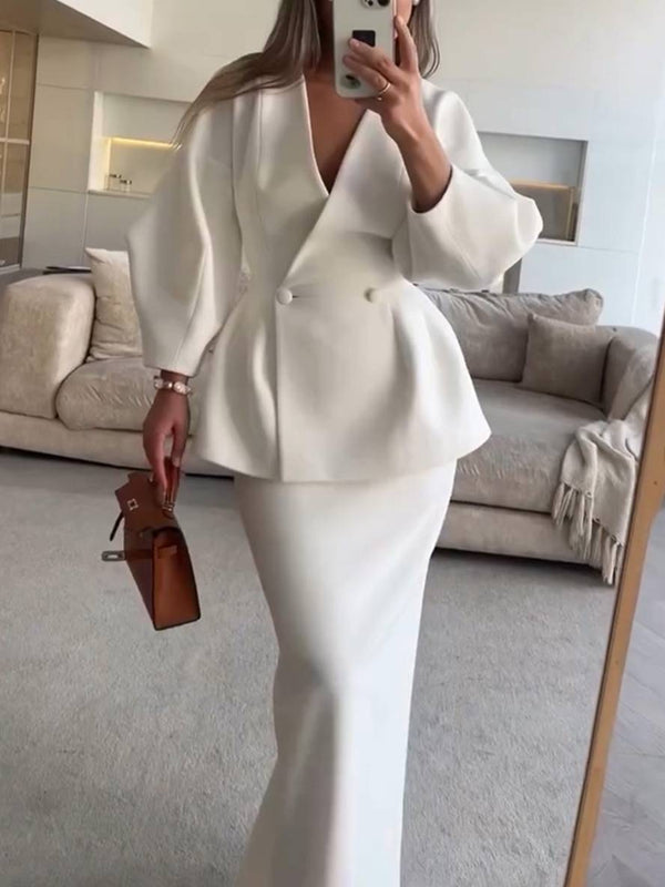 Cocolii ensembles tailleur avec jupe v-cou boutons manches bouffantes manches longues veste femme élégant vintage deux pièces