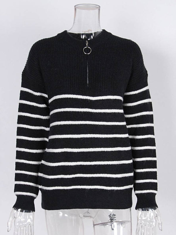 Cocolii pull rayé mohair angora v-cou fermeture éclair col rond femme casual mode décontracté vêtements