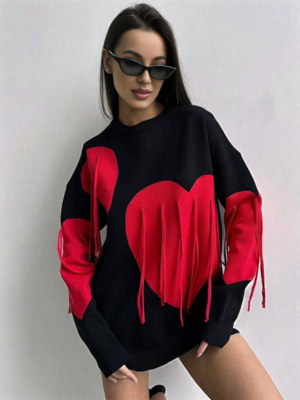 Cocolii pull coeur frange col rond manches longues femme décontracté ample oversized la saint valentin hauts