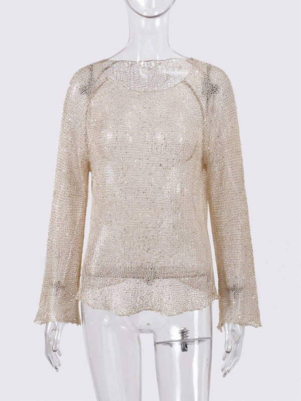 Cocolii pull en tricot femme brillante paillette col rond manches longues élégant décontracté oversized hauts