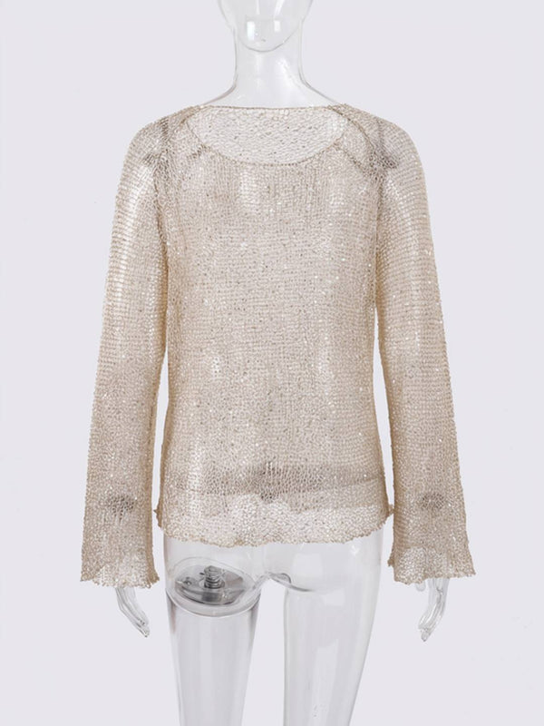 Cocolii pull en tricot femme brillante paillette col rond manches longues élégant décontracté oversized hauts