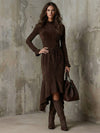 Cocolii mi-longue robe suédine femme marron col montant manches longues avec taille à cordon et manches à volants élégant