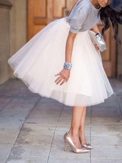 Cocolii mi-longue jupe unicolore tutu en tulle taille haute plissé femme élégant mode blanche