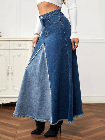 Cocolii longue jupe en jean fluide frange boutons poches femme mode décontracté