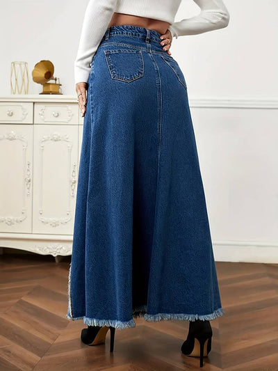 Cocolii longue jupe en jean fluide frange boutons poches femme mode décontracté