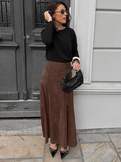 Cocolii longue jupe femme en daim synthétique jupe maxi évasée taille haute style rétro élégant pour automne hiver