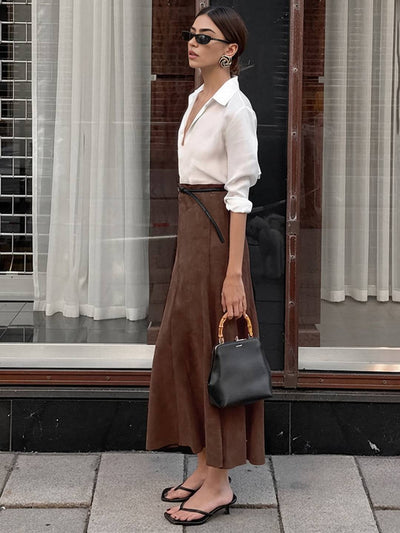 Cocolii longue jupe femme en daim synthétique jupe maxi évasée taille haute style rétro élégant pour automne hiver